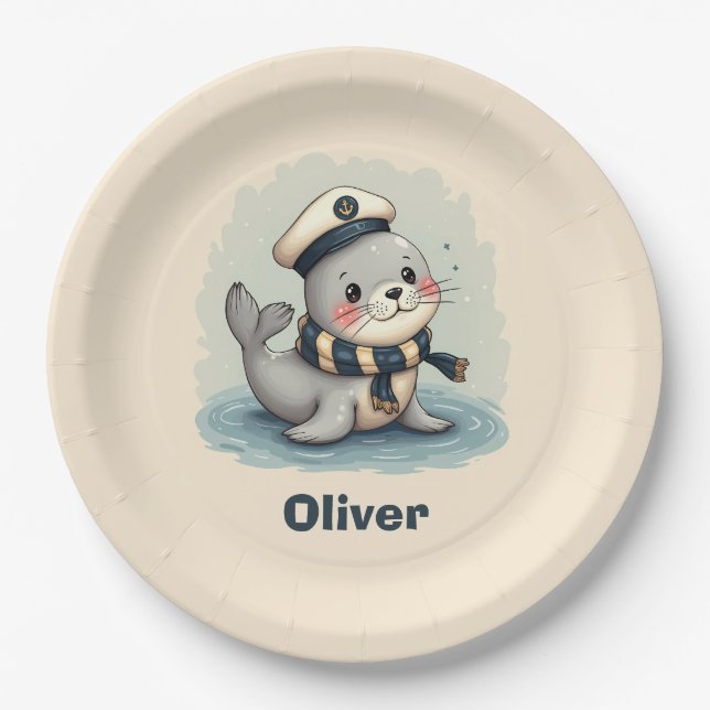 Cute Baby Seal with Sailor Hat and Scarf Paper Plate (Front)