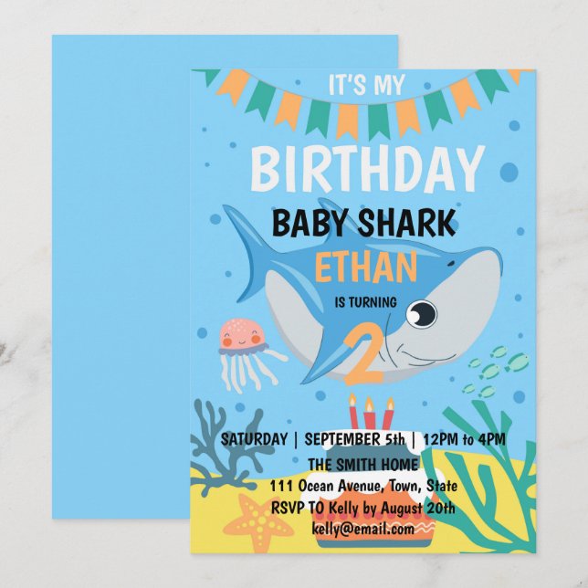 Cute Baby Shark Birthday Party Invitation (Front/Back)