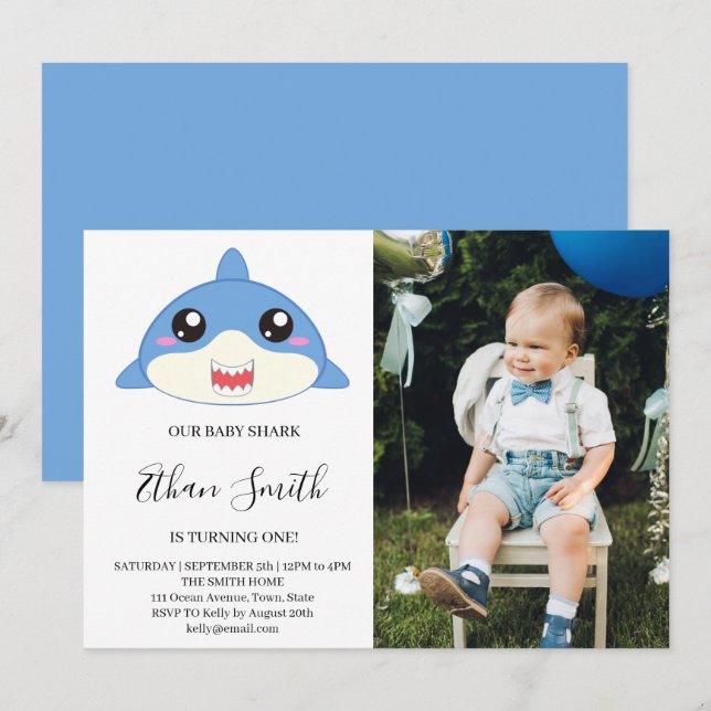 Cute Baby Shark Birthday Photo Invitation (Front/Back)