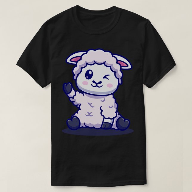 Cute Baby Sheep Waving Hand Cartoon T-Shirt (Design Front)