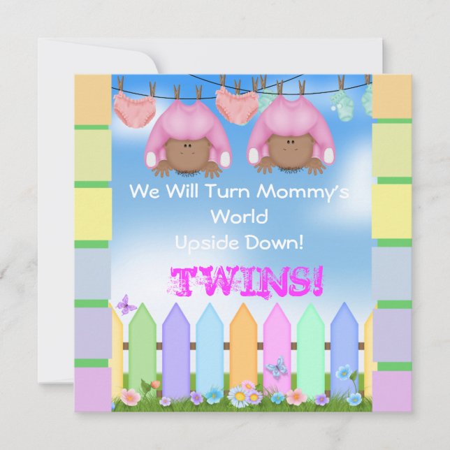 CUTE BABY SHOWER AFRICAN AMERICAN TWIN GIRLS INVITATION (Front)