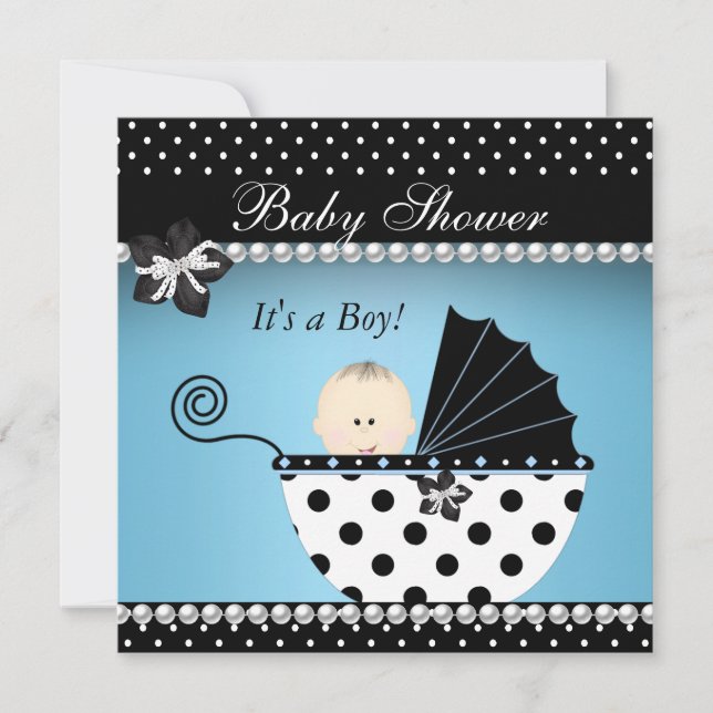 Cute Baby Shower Baby Boy Blue Black Pram Invitation (Front)