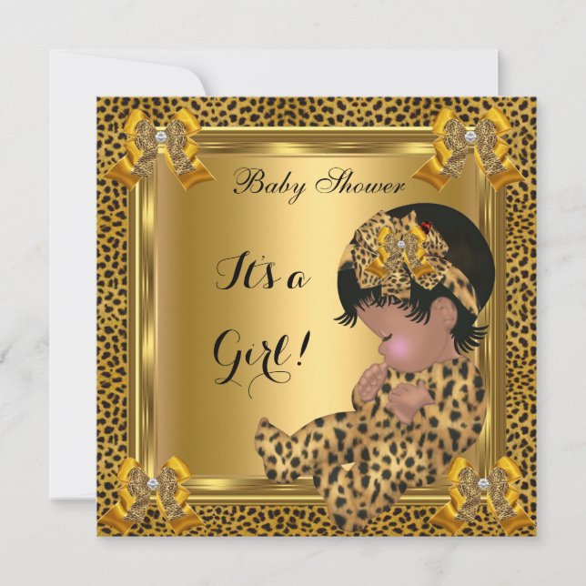 Cute Baby Shower Baby Girl Leopard Gold Invitation (Front)