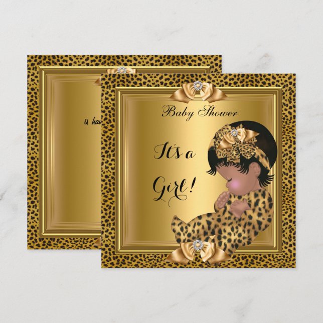 Cute Baby Shower Baby Girl Leopard Gold Invitation (Front/Back)
