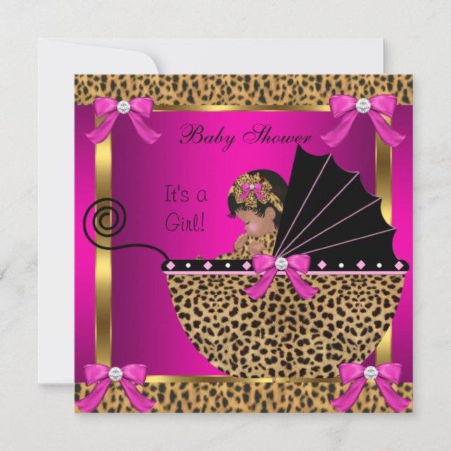 Cute Baby Shower Baby Girl Leopard Pink Gold Invitation (Front)