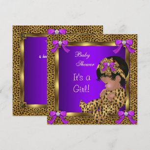 Cute Baby Shower Baby Girl Leopard Purple Gold 2 Invitation