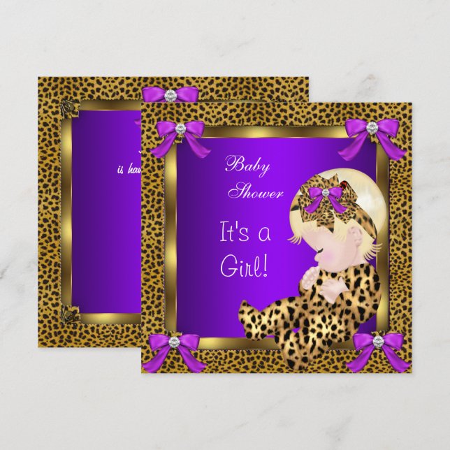 Cute Baby Shower Baby Girl Leopard Purple Gold 3 Invitation (Front/Back)