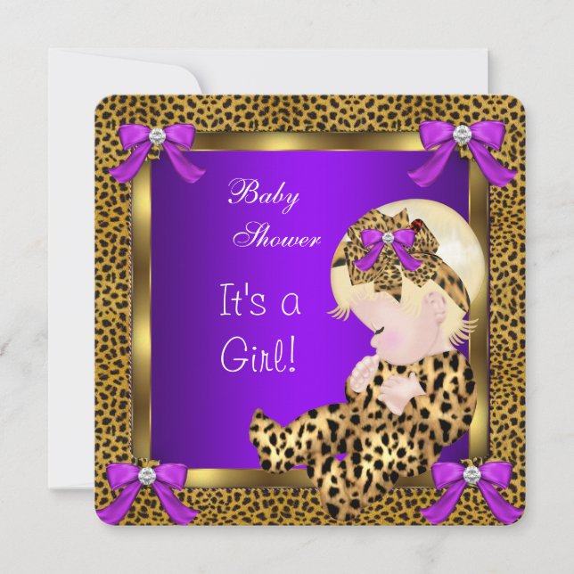 Cute Baby Shower Baby Girl Leopard Purple Gold 3 Invitation (Front)