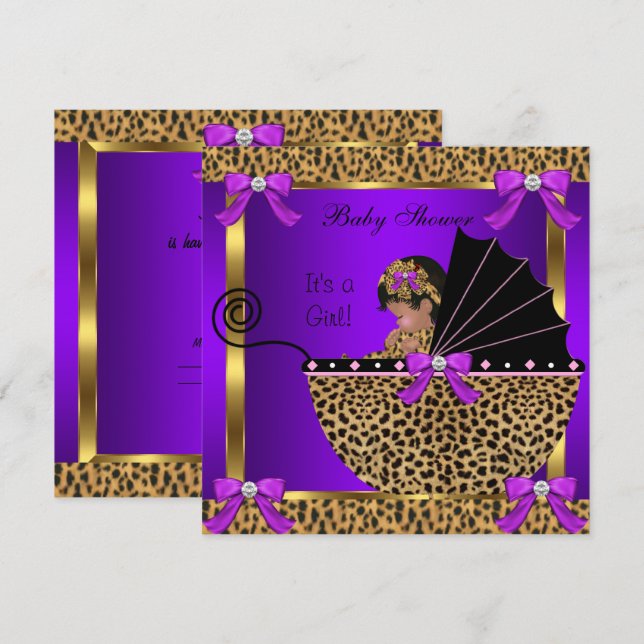Cute Baby Shower Baby Girl Leopard Purple Pink Invitation (Front/Back)