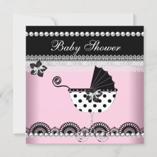 Cute Baby Shower Baby Girl Pink Black Pearl Invitation