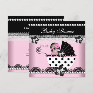 Cute Baby Shower Baby Girl Pink Black Pearl Invitation