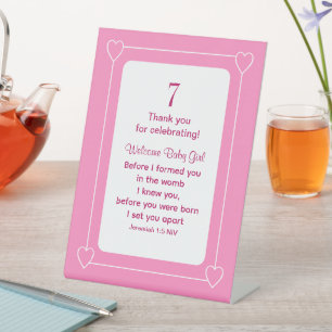 Cute Baby Shower Bible Verse Christian Pink Party Pedestal Sign