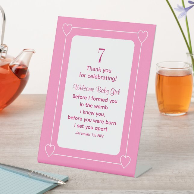 Cute Baby Shower Bible Verse Christian Pink Party Pedestal Sign (In SItu)