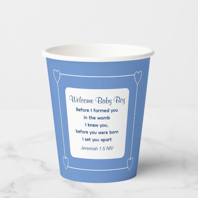 Cute Baby Shower Bible Verse Striped Blue Party Paper Cups (Front)
