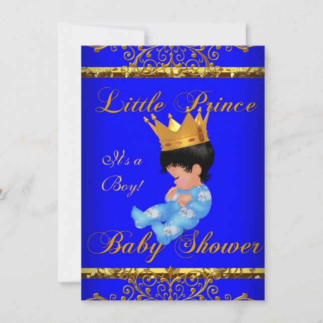 Cute Baby Shower Blue Gold Boy Prince Crown 3 Invitation (Front)