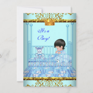 Cute Baby Shower Blue Gold Boy Prince Crown 4 Invitation
