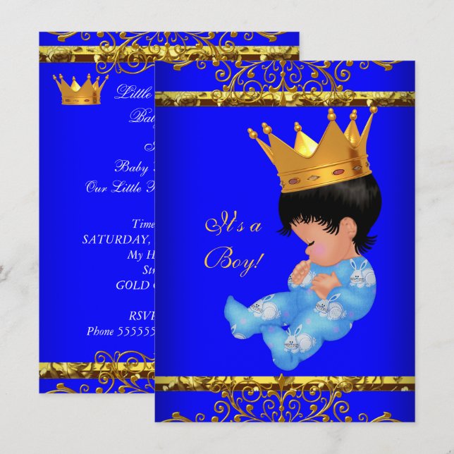 Cute Baby Shower Blue Gold Boy Prince Crown 4 Invitation (Front/Back)