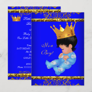 Cute Baby Shower Blue Gold Boy Prince Crown 4 Invitation
