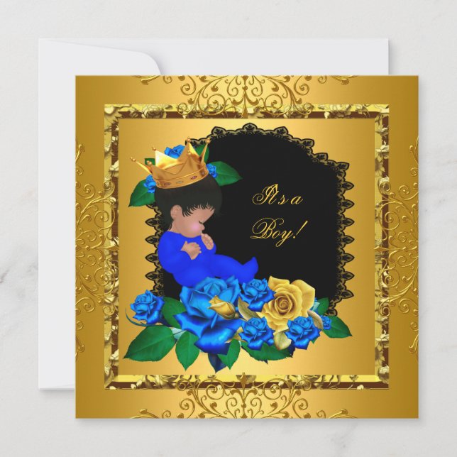 Cute Baby Shower Blue Gold Boy Prince Crown 5 Invitation (Front)