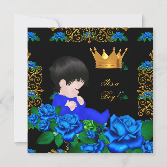 Cute Baby Shower Blue Gold Boy Prince Crown 9 Invitation (Front)