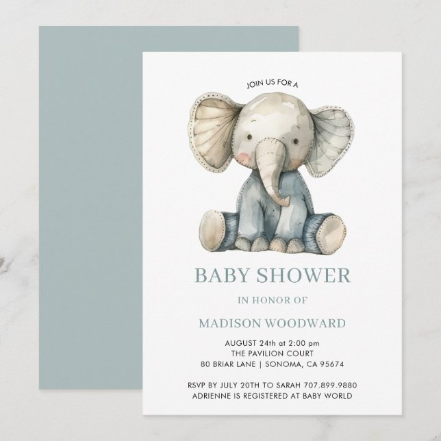 Cute Baby Shower Blue Plush Toy Elephant Invitation (Front/Back)