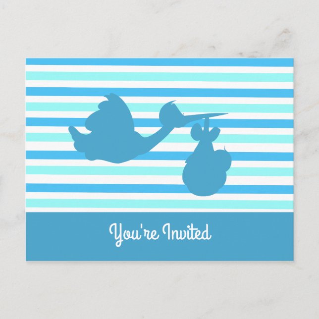 Cute Baby Shower Blue Striped Boy with Stork Invitation Postcard (Front)
