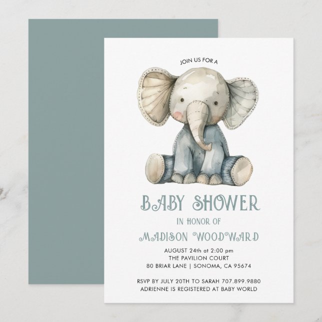 Cute Baby Shower Blue Stuffed Elephant Toy  Invitation (Front/Back)