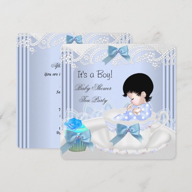 Cute Baby Shower Boy Blue Baby Teacup Invitation (Front/Back)