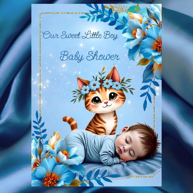 Cute Baby Shower Boy Blue Little Cat Kitten Invitation (Creator Uploaded)