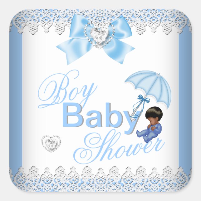 Cute Baby Shower Boy Blue White African American Square Sticker (Front)