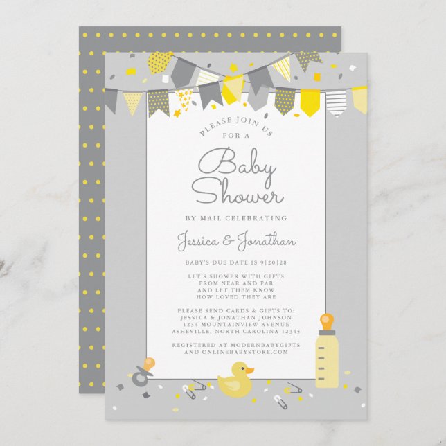 Cute Baby Shower By Mail Grey Yellow Modern Invitation (Front/Back)
