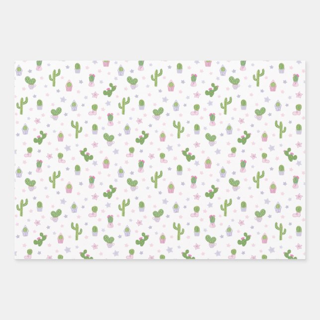 Cute Baby Shower Cacti Party Pattern Wrapping Paper Sheet (Front)