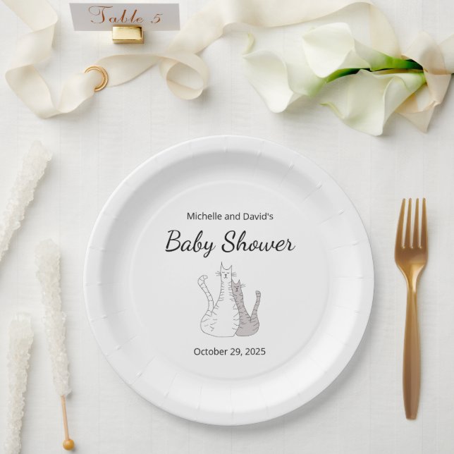 Cute Baby Shower Cats Twins Gender Neutral  Paper Plate (Wedding)