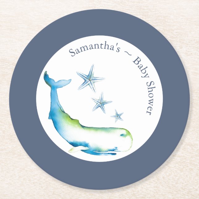 Cute Baby Shower Coasters Watercolor Whale (Front)