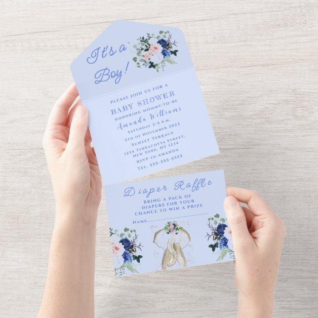 Cute Baby Shower Elephant It's a Boy Floral Blue All In One Invitation (Tearaway)