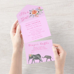 Cute Baby Shower Elephant It's a Girl Floral Pink  All In One Invitation
