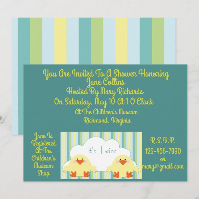 Cute Baby Shower For Twins Invitation w/Chicks (Front/Back)