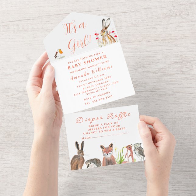 Cute Baby Shower Fox Hare It's a Girl Floral  All In One Invitation (Tearaway)
