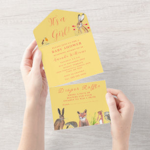 Cute Baby Shower Fox Hare It's a Girl Floral  All In One Invitation