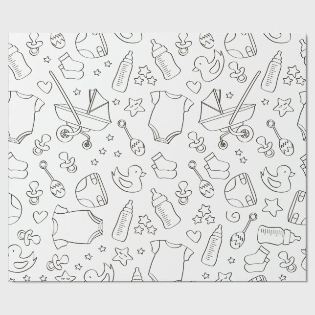 Cute baby shower gifts doodle black & white design wrapping paper (Seam)