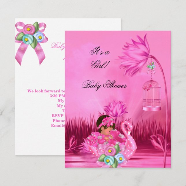 Cute Baby Shower Girl Baby Hot Pink Swan Magical Invitation (Front/Back)