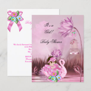 Cute Baby Shower Girl Baby Hot Pink Swan Magical Invitation