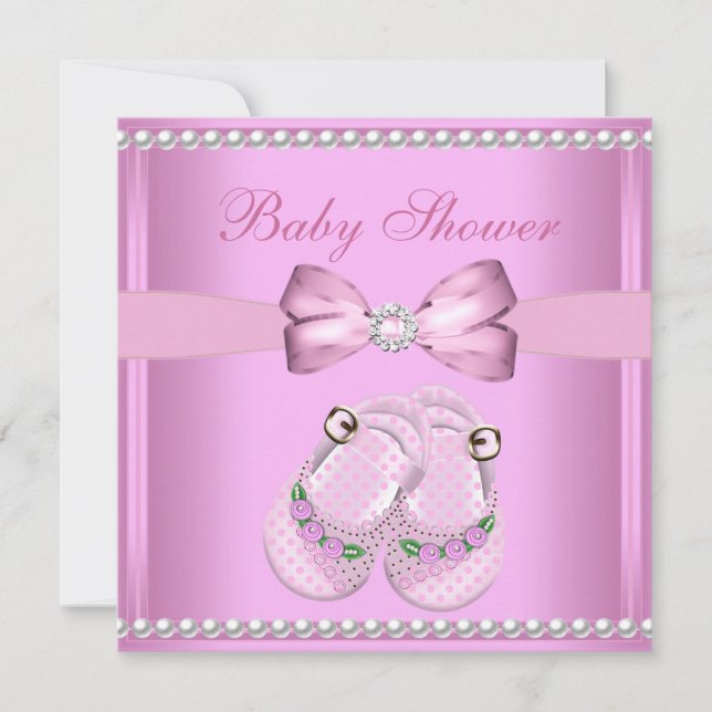 Cute Baby Shower Girl Baby Pink Booties Pearl Invitation (Front)