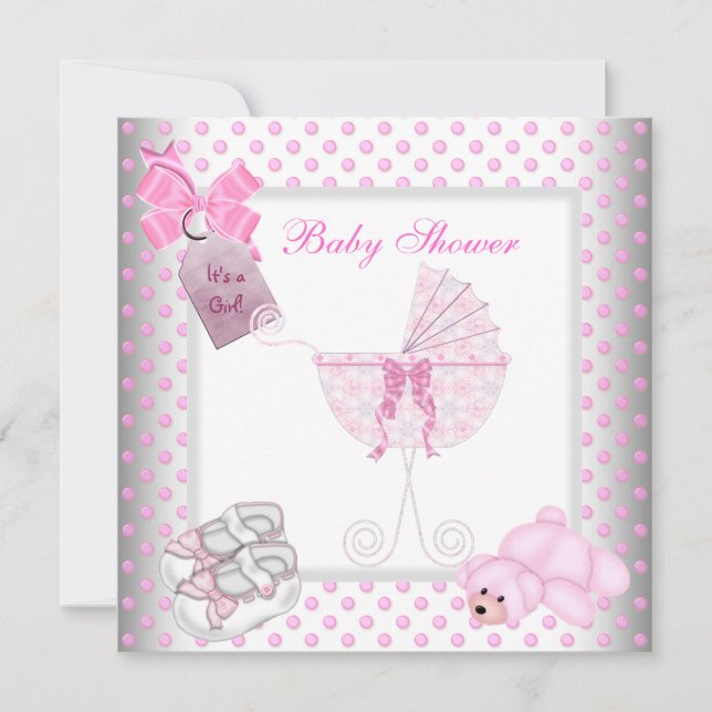 Cute Baby Shower Girl Baby Pink Carriage Pram Invitation (Front)