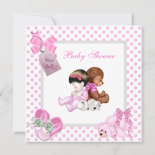 Cute Baby Shower Girl Baby Pink Shoes White Invitation (Front)