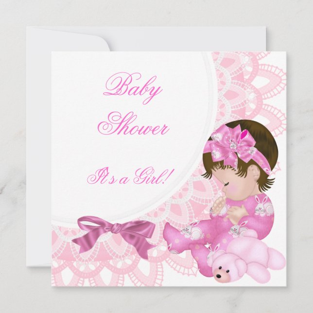 Cute Baby Shower Girl Baby Pink White Invitation (Front)