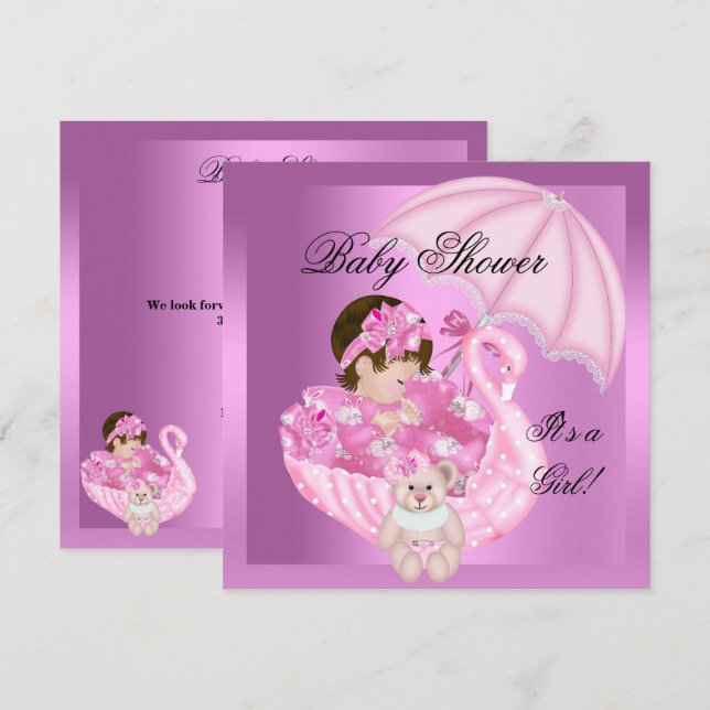 Cute Baby Shower Girl Baby Pink White Swan Invitation (Front/Back)