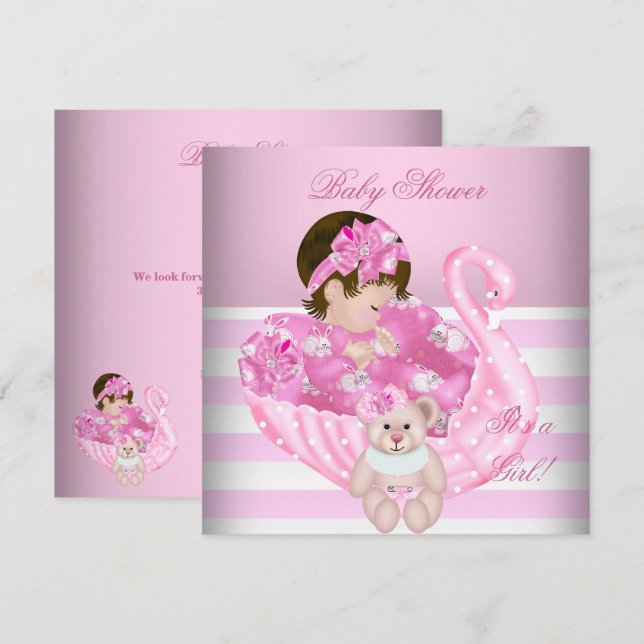 Cute Baby Shower Girl Baby Pink White Swan Invitation (Front/Back)