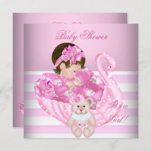 Cute Baby Shower Girl Baby Pink White Swan Invitation