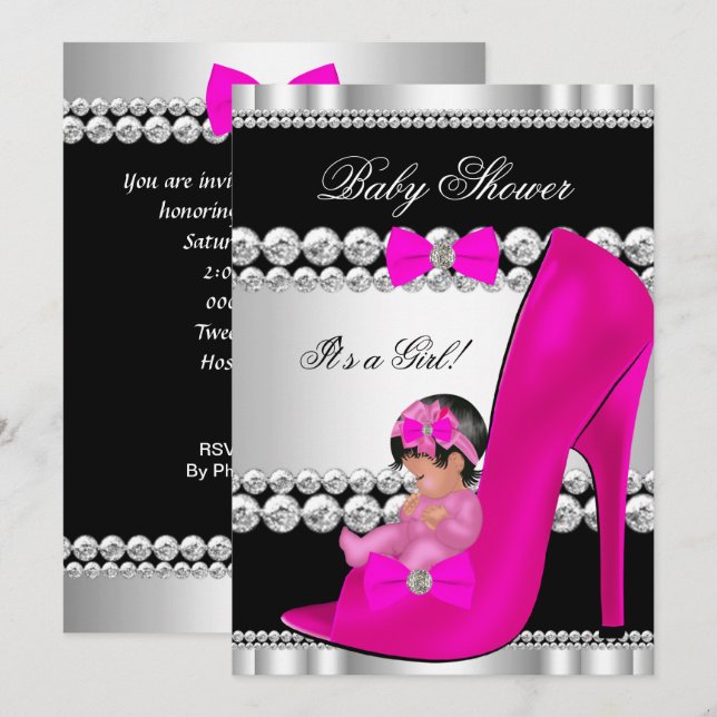 Cute Baby Shower Girl Hot Pink Baby in Shoe Invitation (Front/Back)